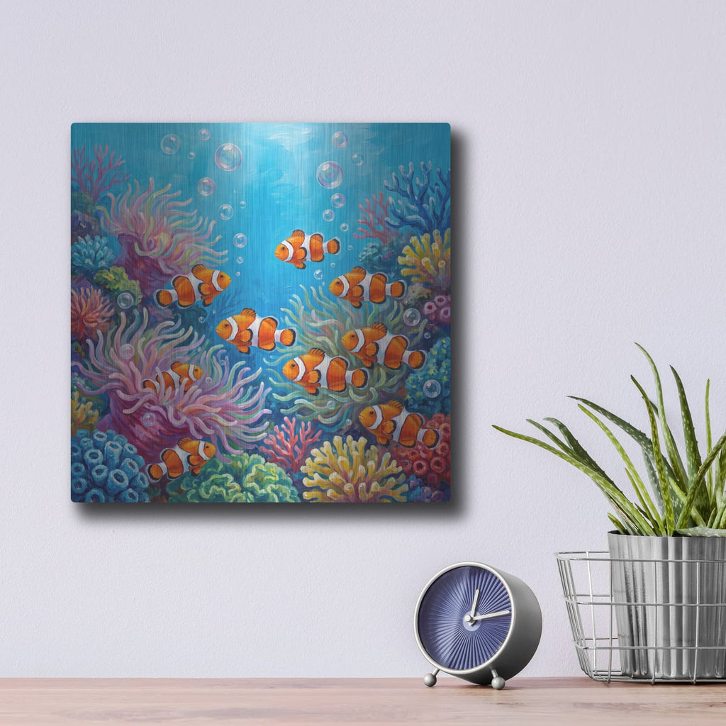 'Clownfish Family' by Veve – Metal Wall Art, 12x12 room view