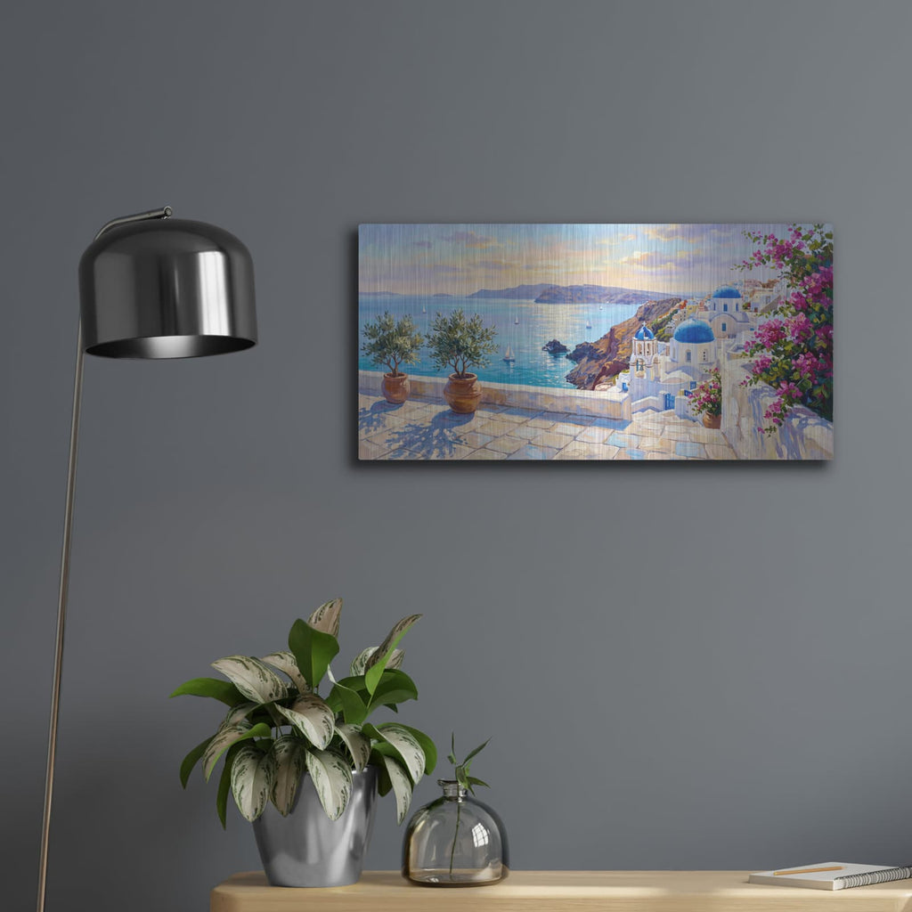 'Coastal Elegance – The Greek Island' by Veve – Metal Wall Art, 24x12 room view