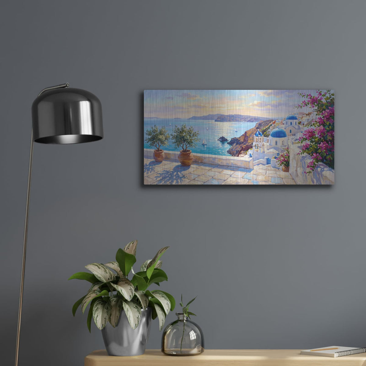 'Coastal Elegance – The Greek Island' by Veve – Metal Wall Art, 24x12 room view