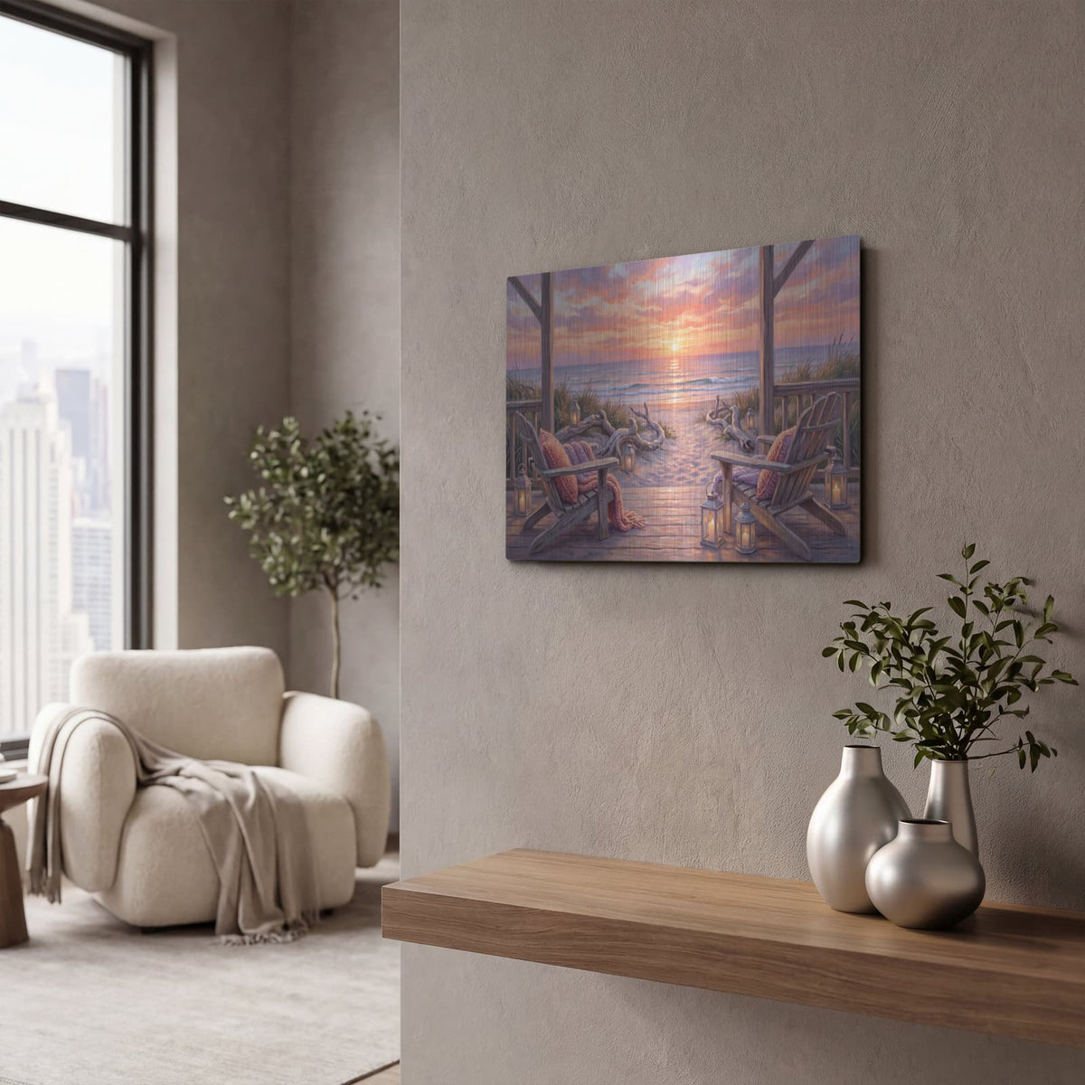 'Coastal Sunset Driftwood Deck Beach Evening' by Veve – Metal Wall Art, 16x12 room view