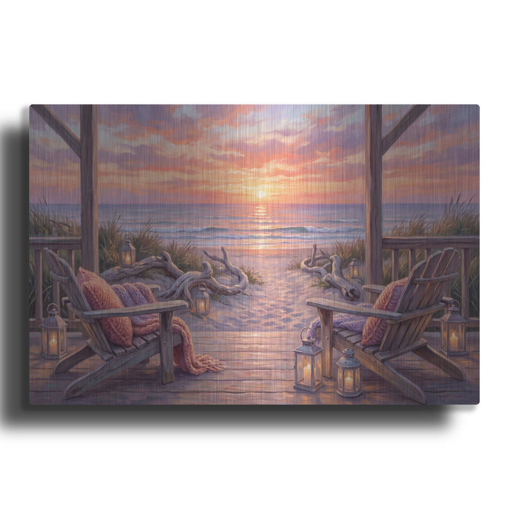 'Coastal Sunset Driftwood Deck Beach Evening' by Veve – Metal Wall Art