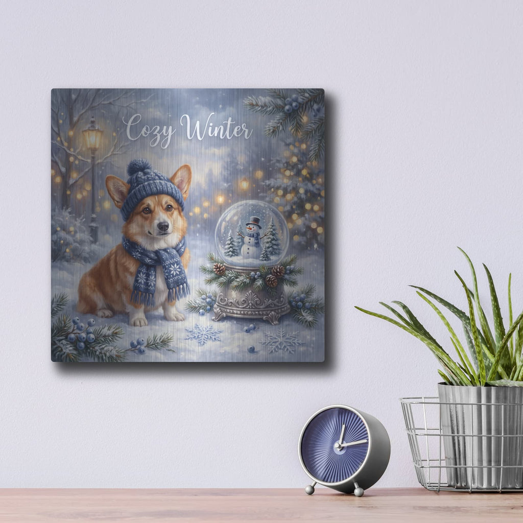 'Corgi Cozy Winter' by Veve – Metal Wall Art, 12x12 room view