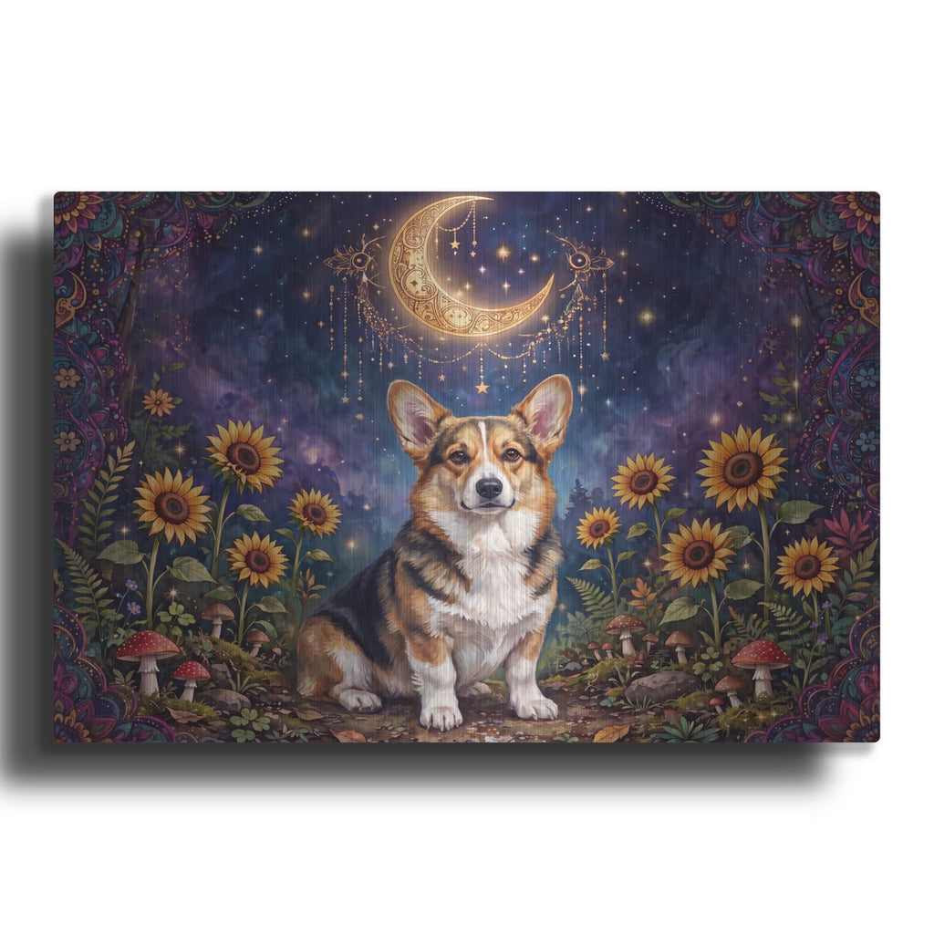 'Corgi in Celestial Garden' by Veve – Metal Wall Art