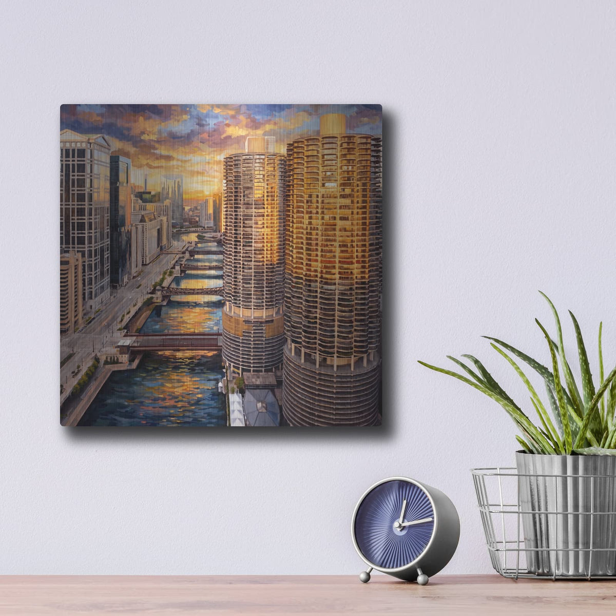 'Corncobs at Sunset Chicago River' by Veve – Metal Wall Art, 12x12 room view