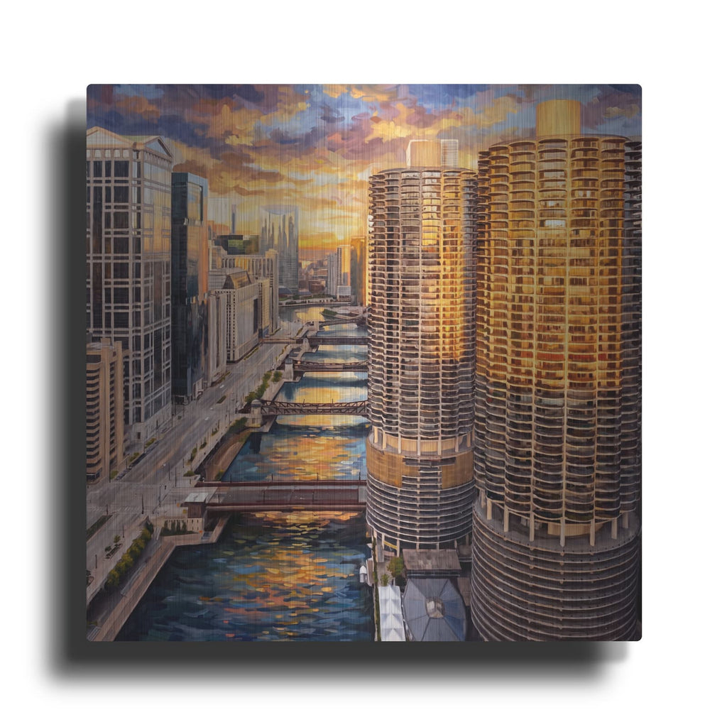 'Corncobs at Sunset Chicago River' by Veve – Metal Wall Art