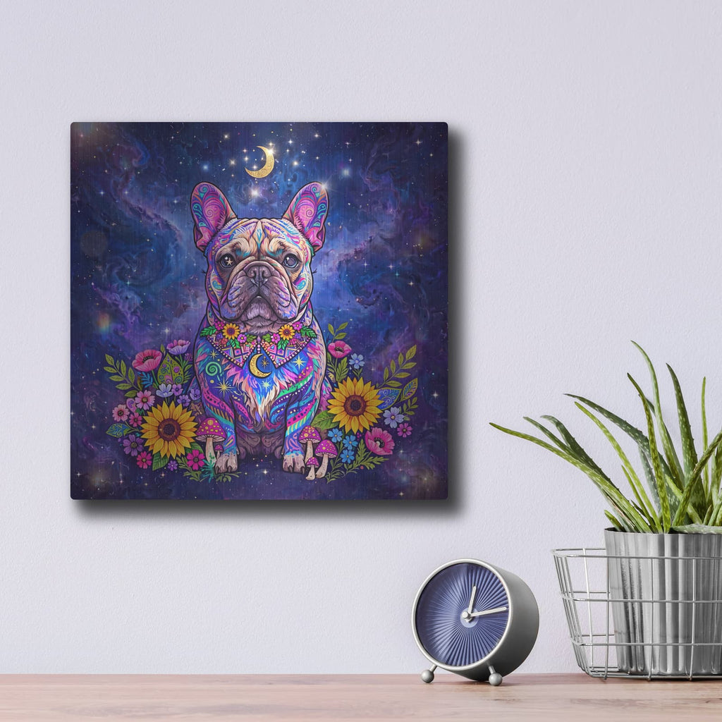 'Cosmic French Bulldog' by Veve – Metal Wall Art, 12x12 room view