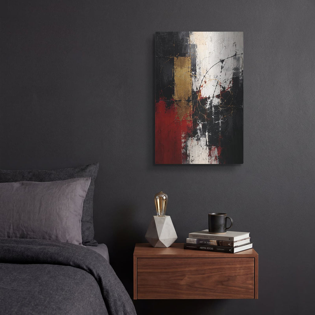 'Crimson Gold Contrast' by Veve – Metal Wall Art, 12x16 room view