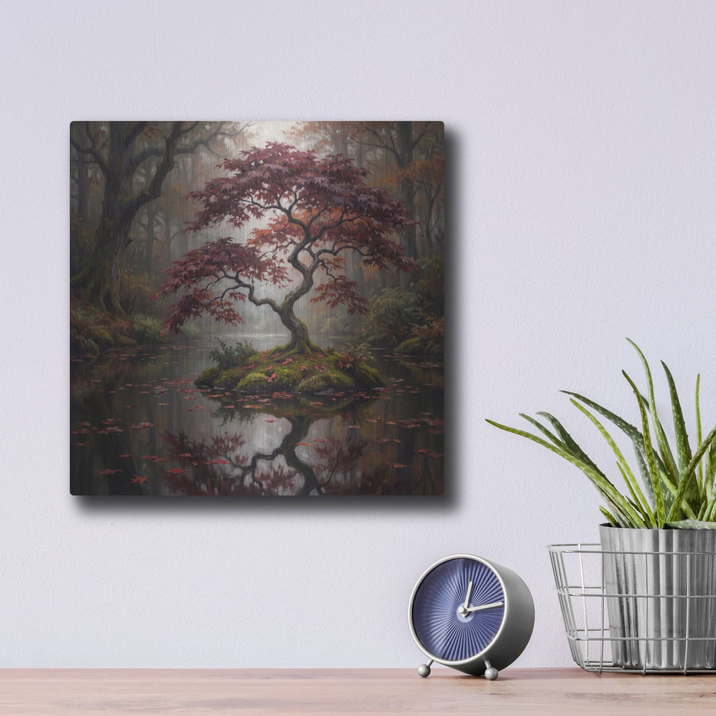 'Crimson Maple Reflection' by Veve – Metal Wall Art, 12x12 room view