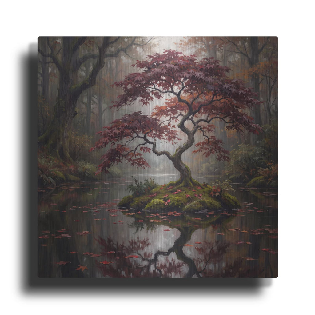 'Crimson Maple Reflection' by Veve – Metal Wall Art