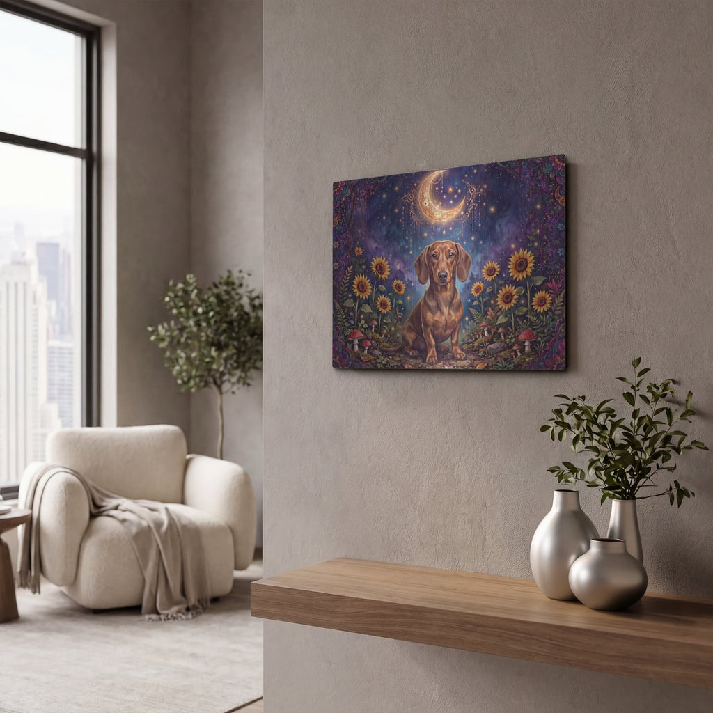 'Dachshund in Celestial Garden' by Veve – Metal Wall Art, 16x12 room view