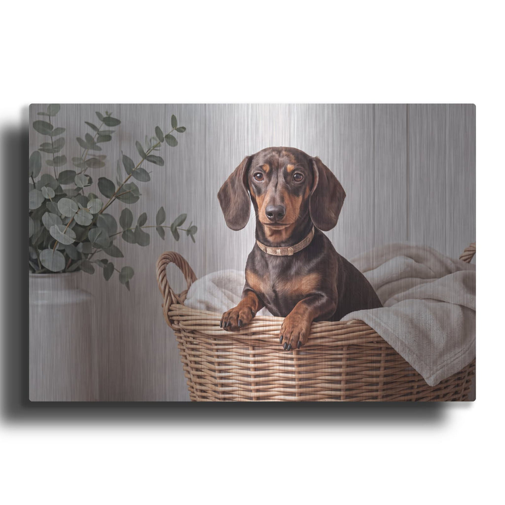 'Dachshund in Laundry Basket' by Veve – Metal Wall Art