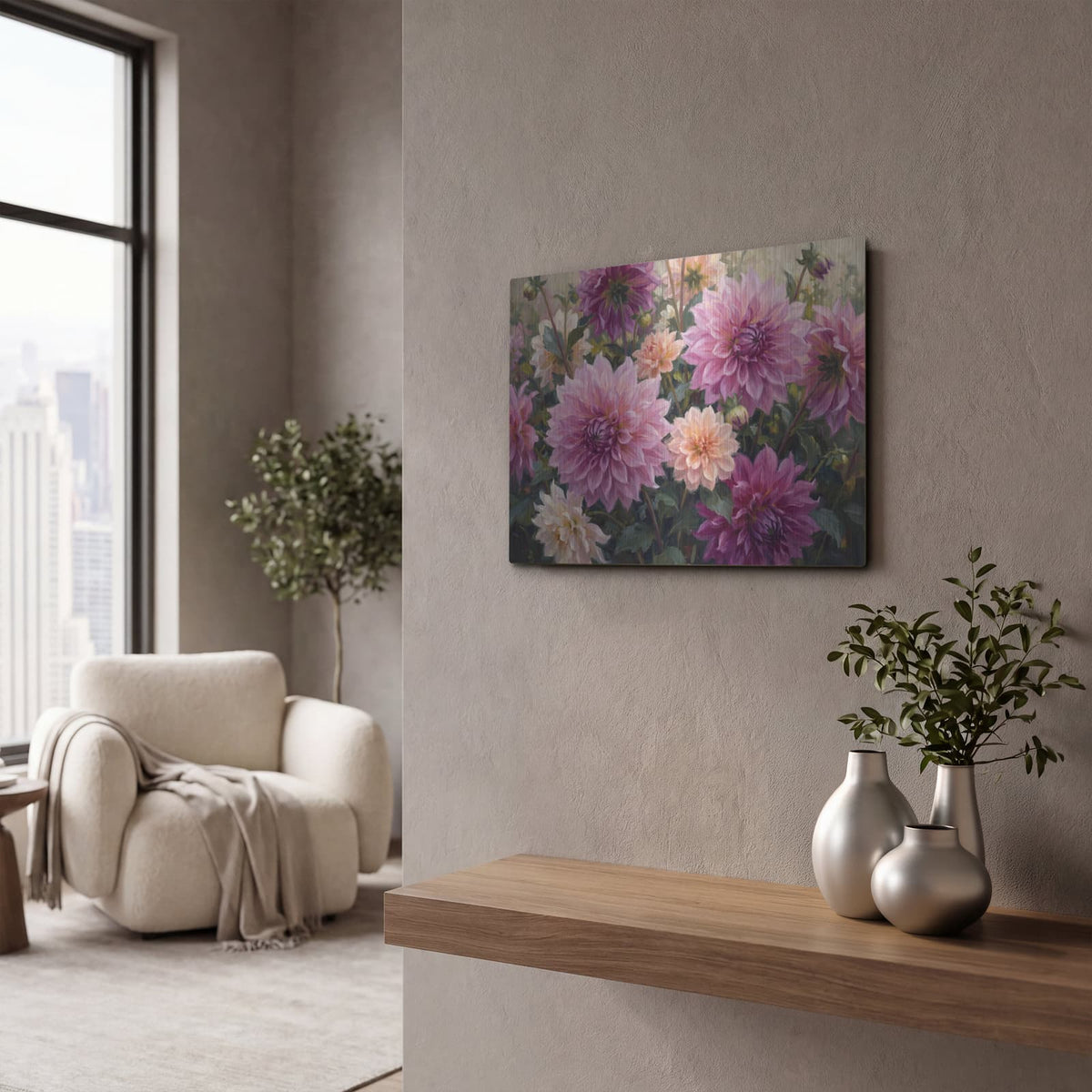 'Dahlia Symphony' by Veve – Metal Wall Art, 16x12 room view