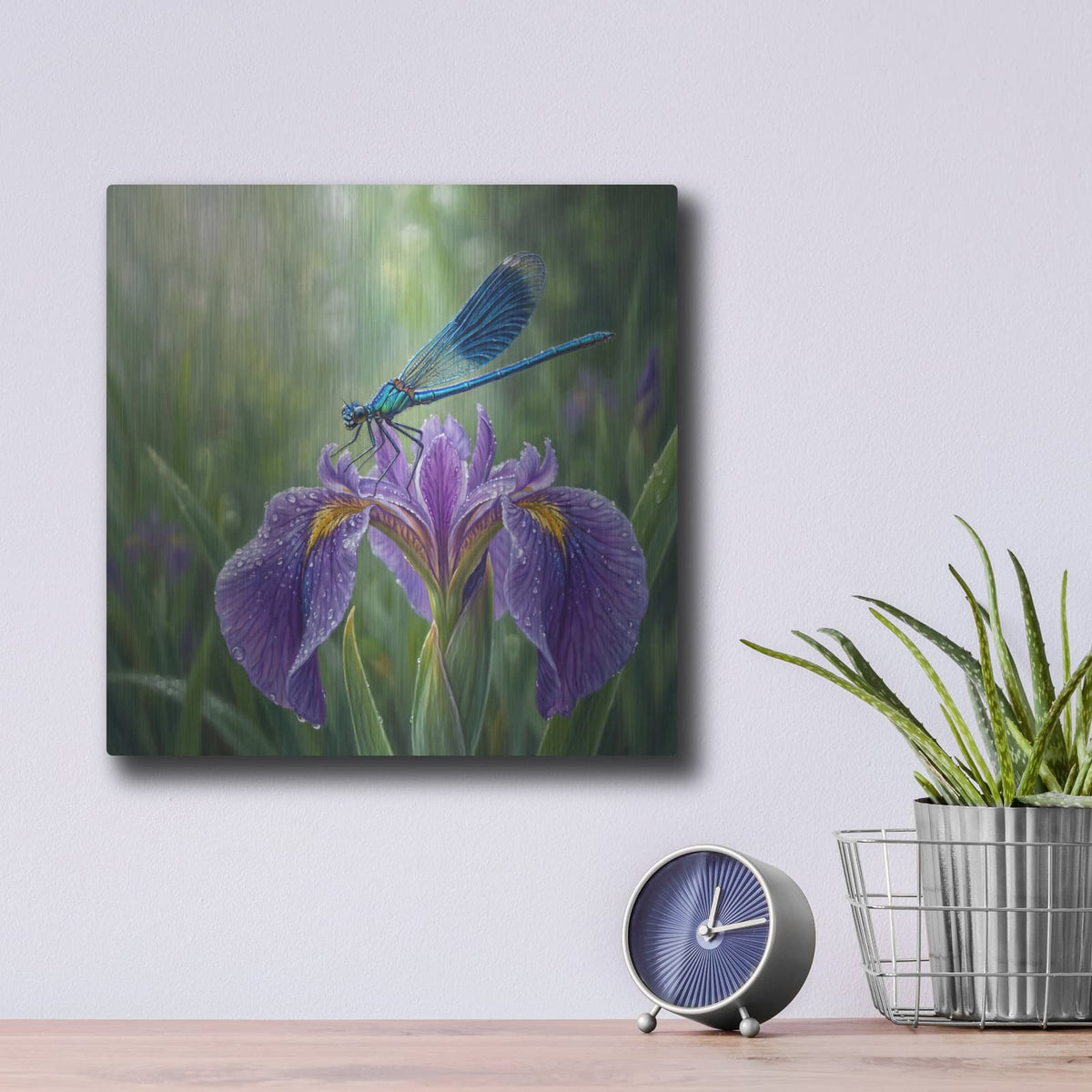 'Damselfly and Iris' by Veve – Metal Wall Art, 12x12 room view