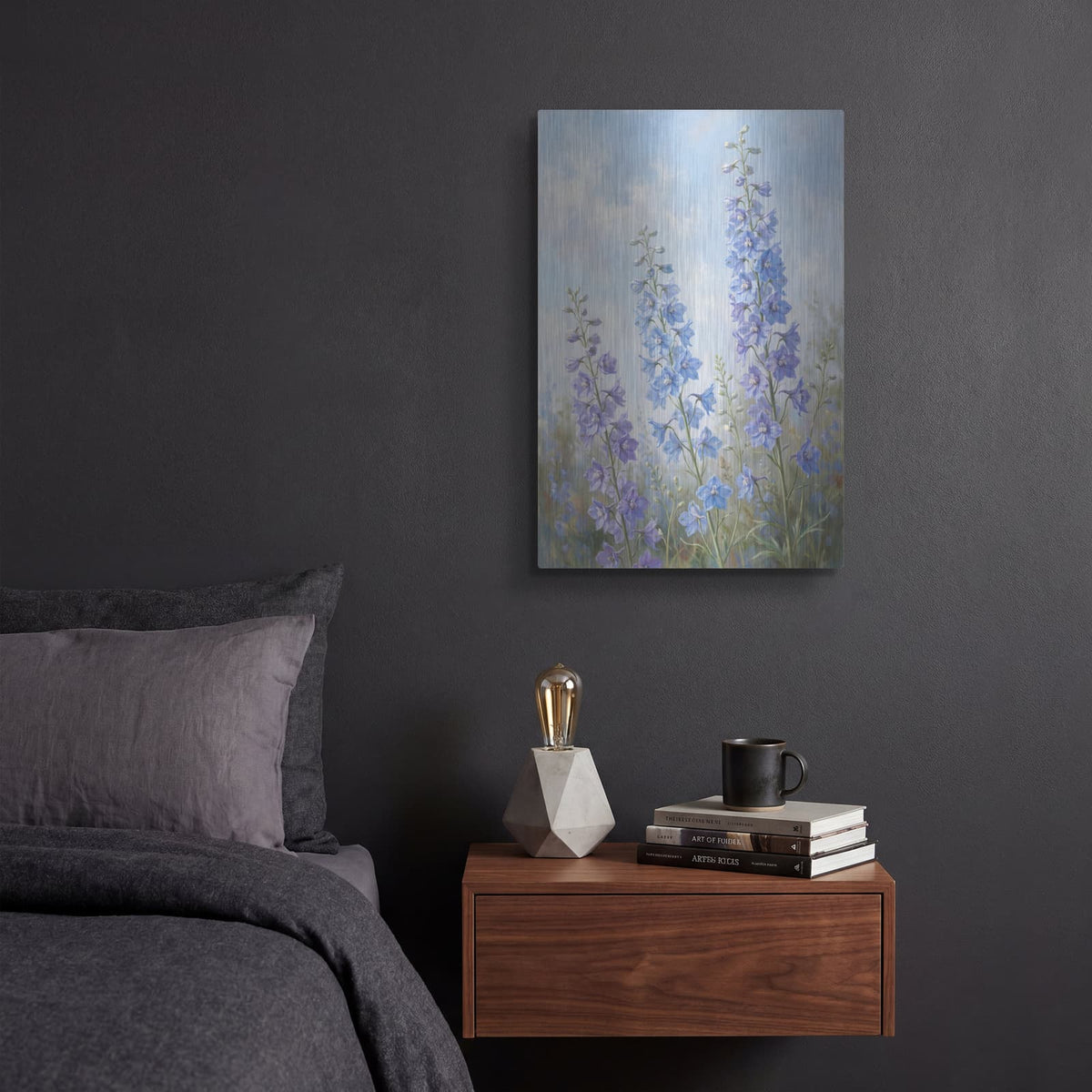 'Delphinium Sky Dance' by Veve – Metal Wall Art, 12x16 room view