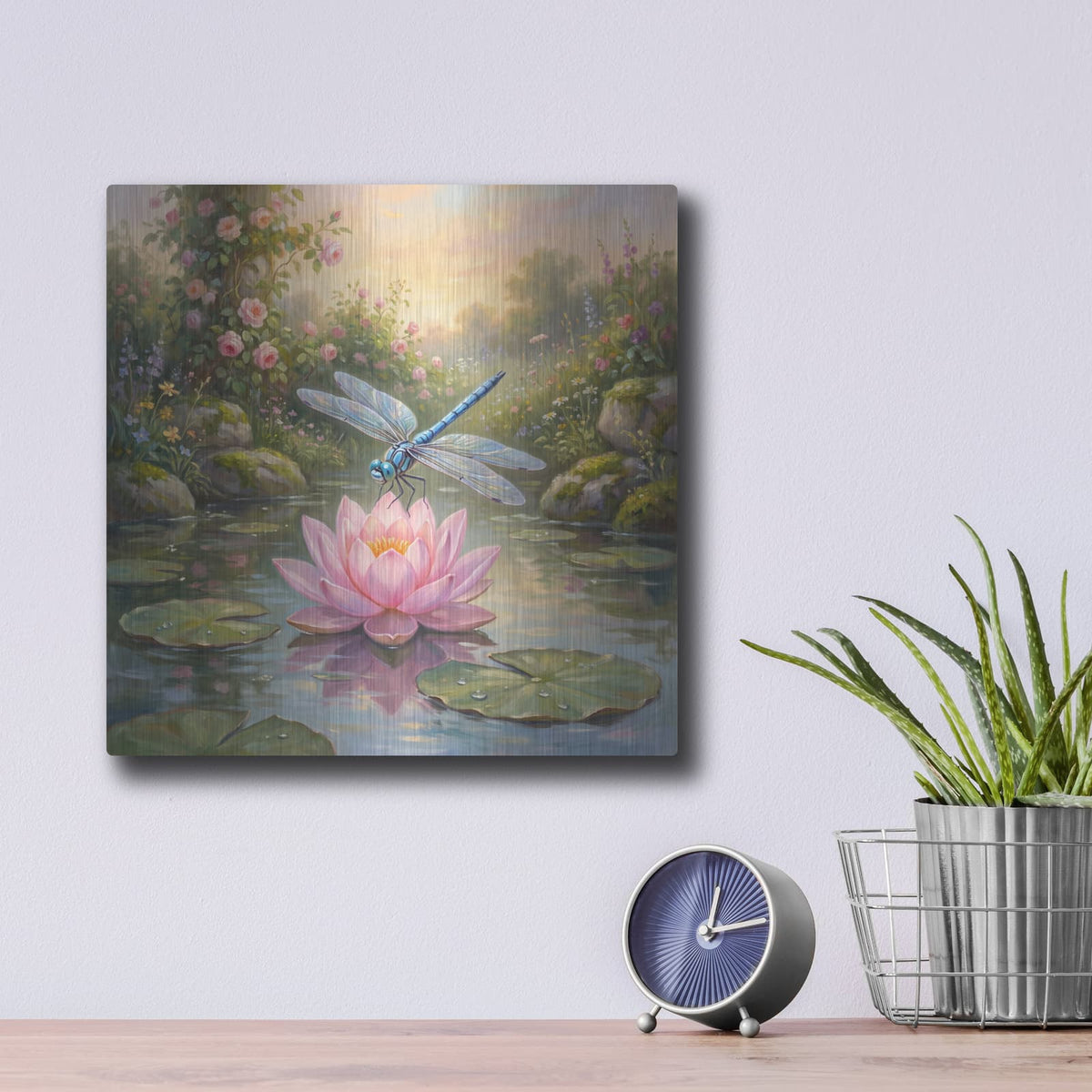'Dragonfly and Lotus' by Veve – Metal Wall Art, 12x12 room view