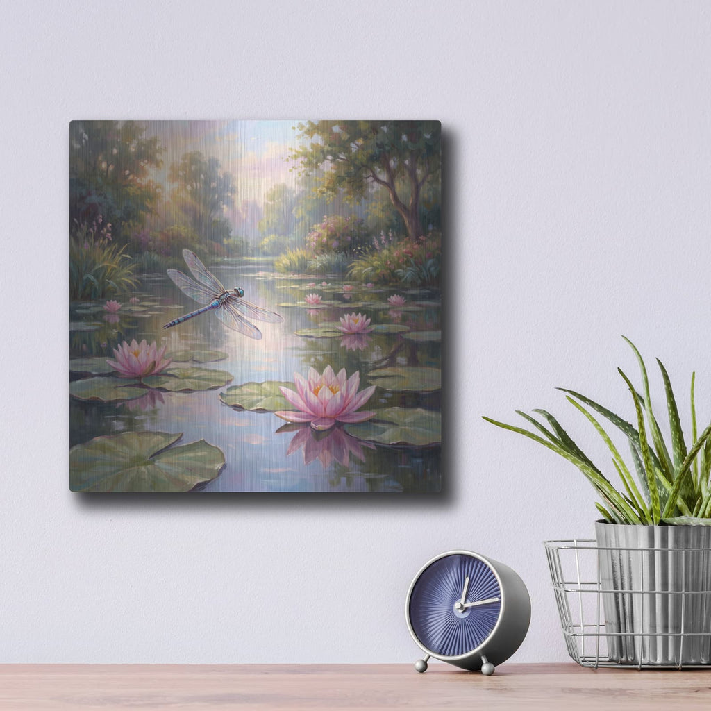 'Dragonfly in Lily Pond' by Veve – Metal Wall Art, 12x12 room view