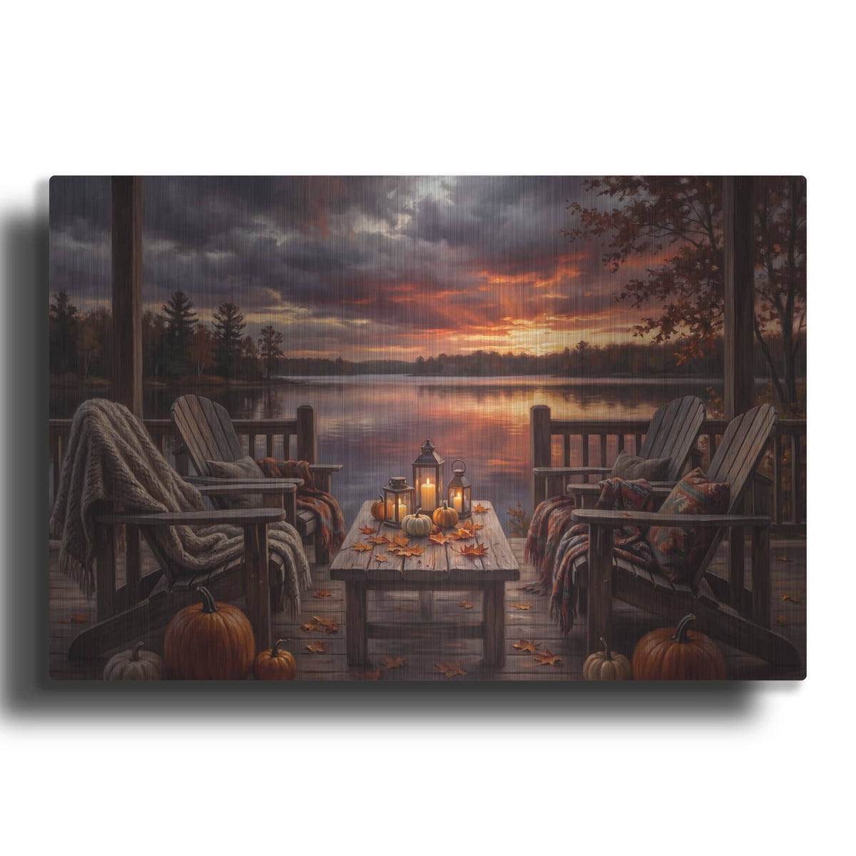 'Dramatic Sunset Over Lake Autumn Gathering' by Veve – Metal Wall Art