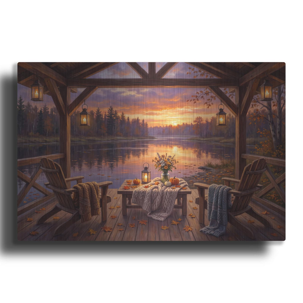'Forest River Sunset Pavilion Cozy Deck Over Water' by Veve – Metal Wall Art