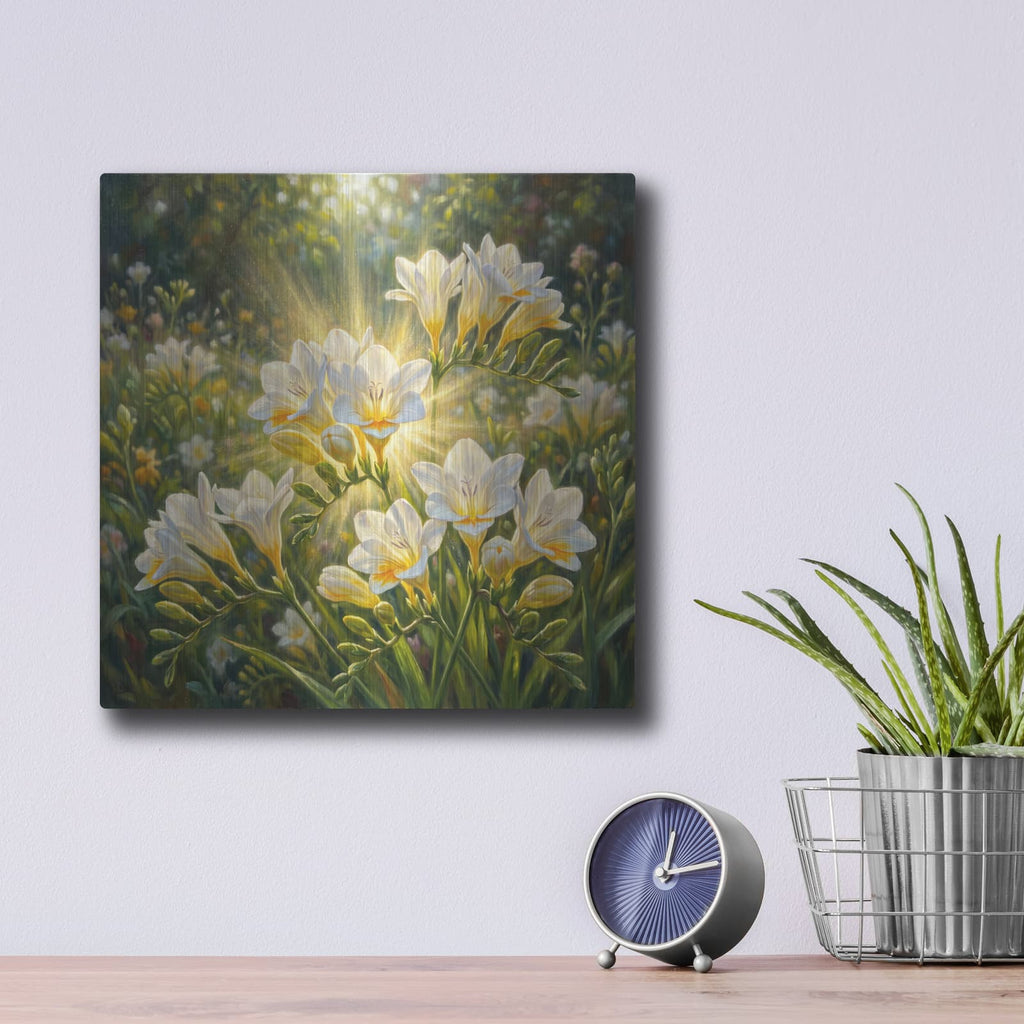 'Freesia Sun Spray' by Veve – Metal Wall Art, 12x12 room view