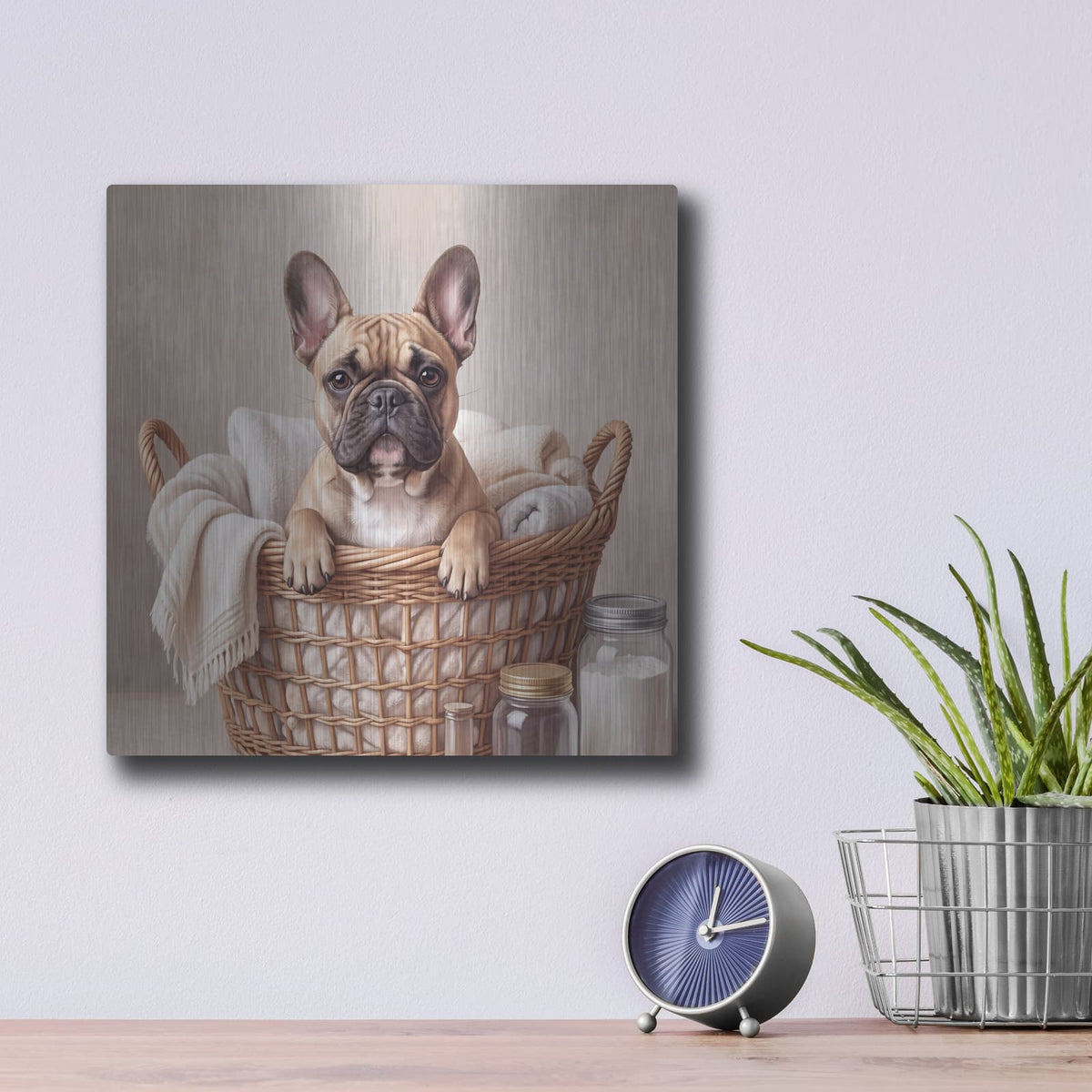 'French Bulldog in Laundry Basket' by Veve – Metal Wall Art, 12x12 room view