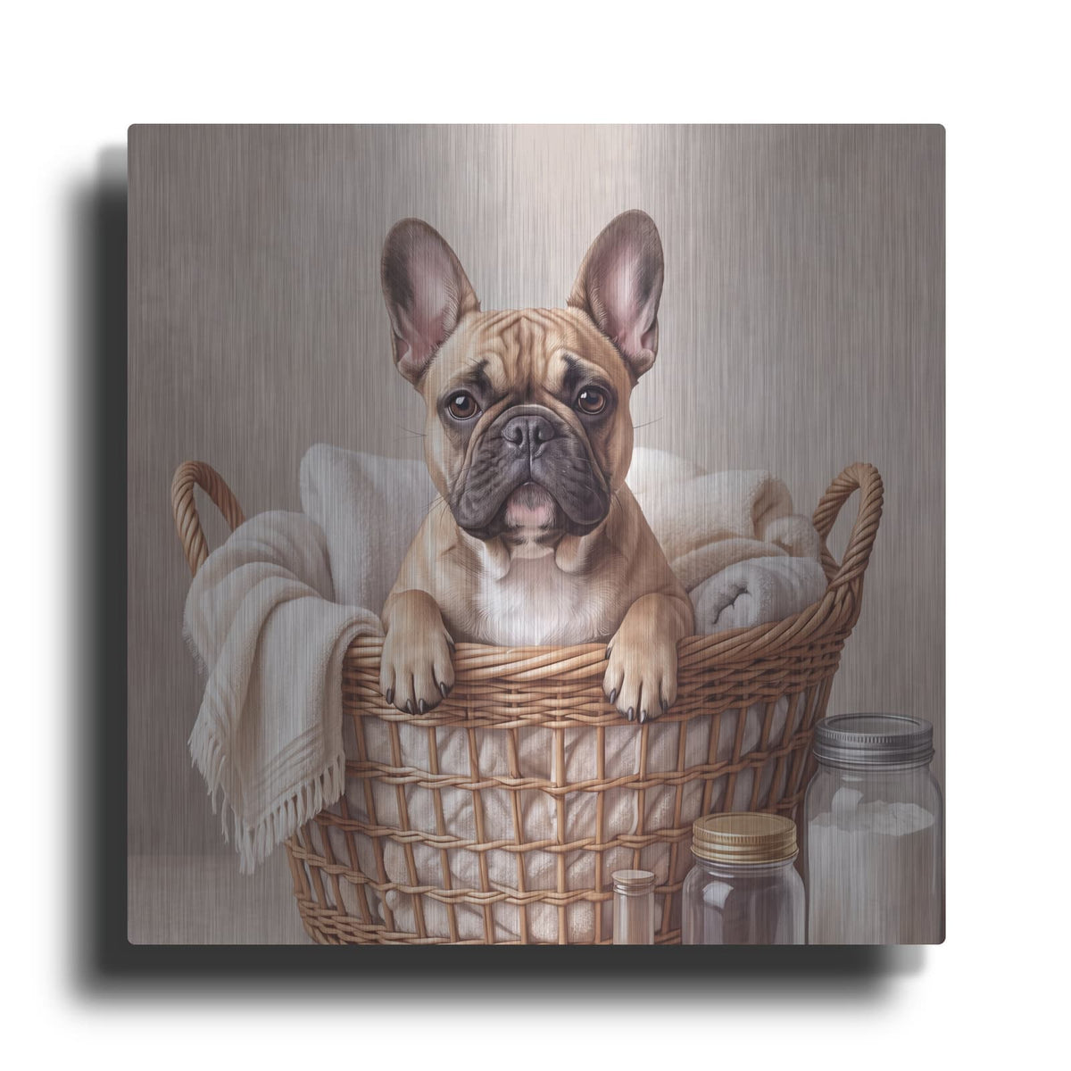 'French Bulldog in Laundry Basket' by Veve – Metal Wall Art