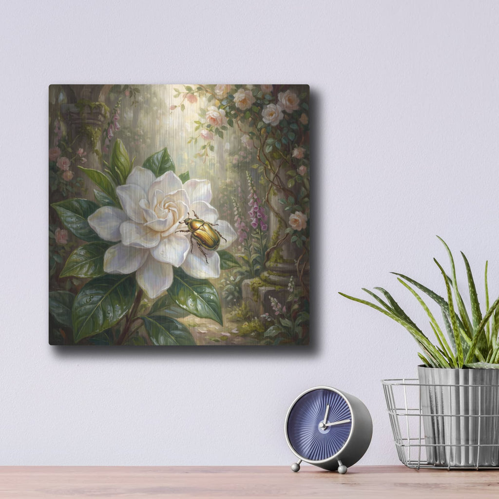 'Golden Beetle and Gardenia' by Veve – Metal Wall Art, 12x12 room view