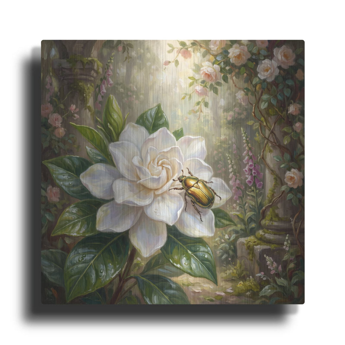 'Golden Beetle and Gardenia' by Veve – Metal Wall Art