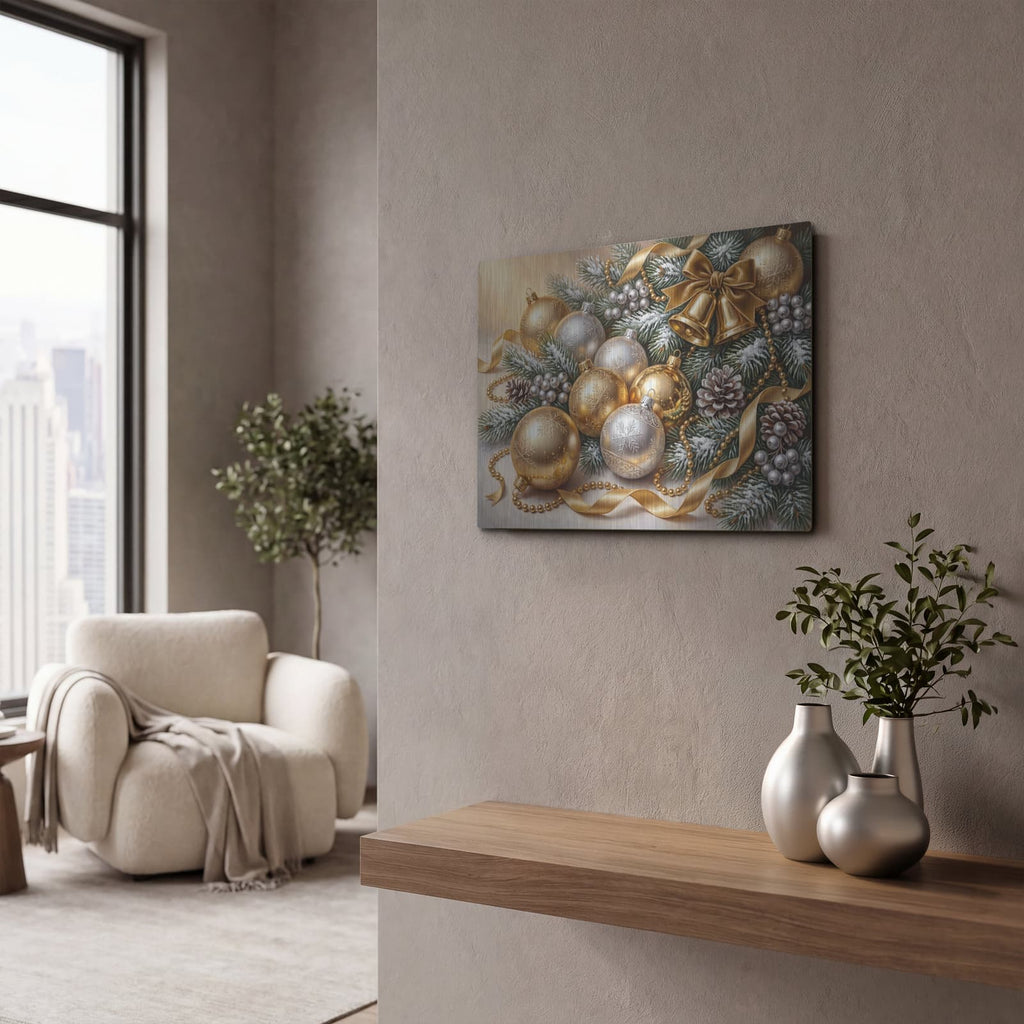 'Golden Christmas' by Veve – Metal Wall Art, 16x12 room view