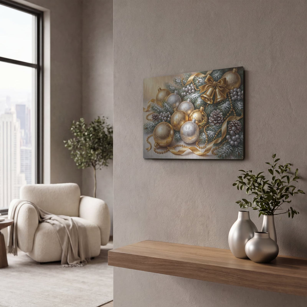 'Golden Christmas' by Veve – Metal Wall Art, 16x12 room view