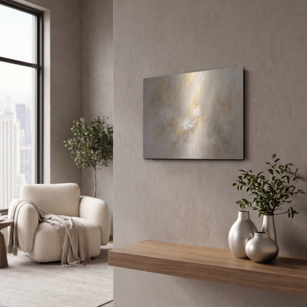 'Golden Feather Halo' by Veve – Metal Wall Art, 16x12 room view