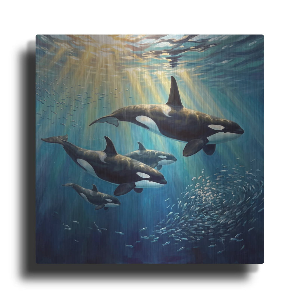 'Golden Hour Orca Family Hunt' by Veve – Metal Wall Art