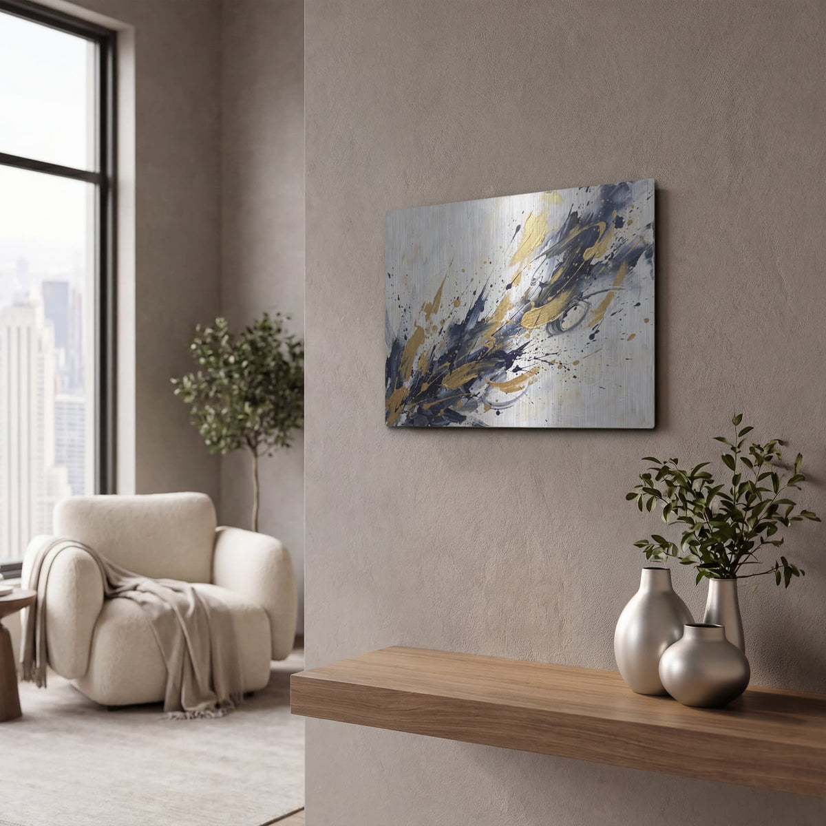 'Golden Momentum' by Veve – Metal Wall Art, 16x12 room view