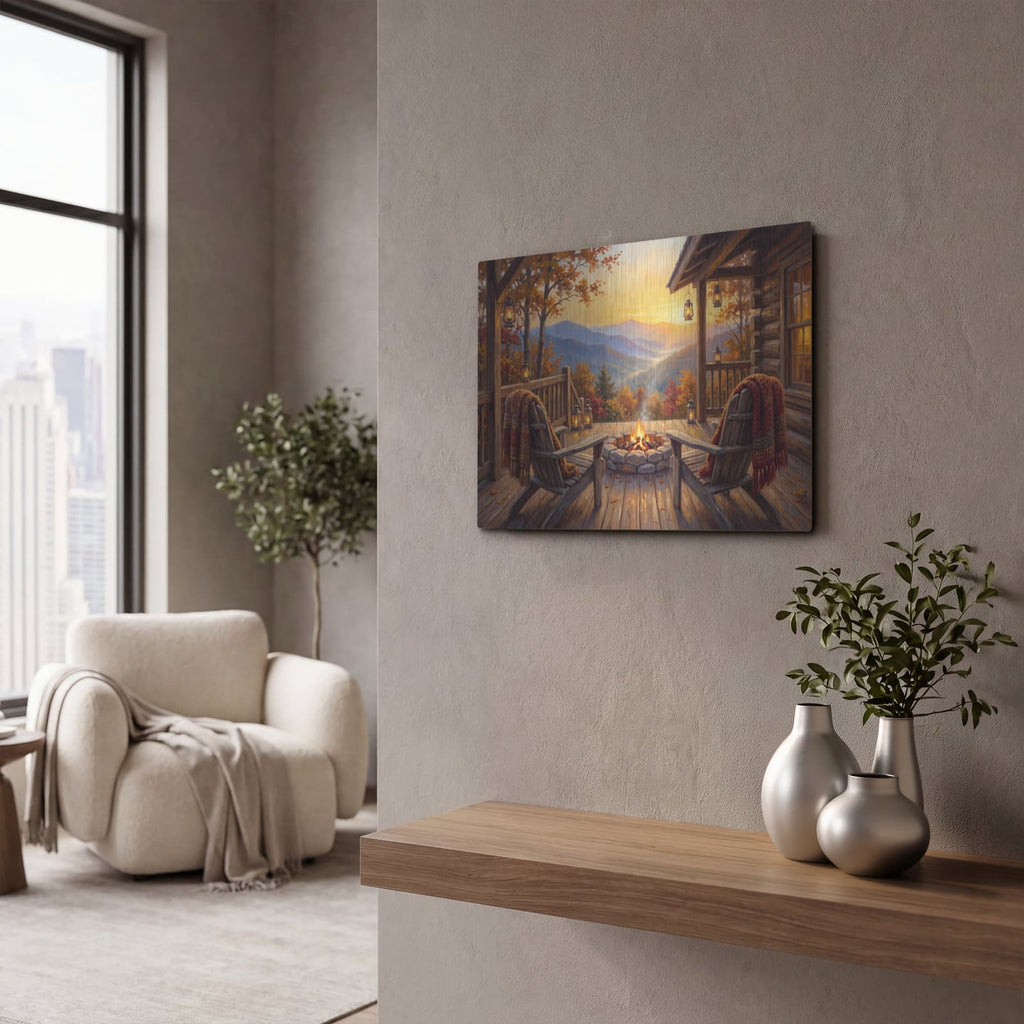 'Golden Sunset Firepit Mountain Valley View' by Veve – Metal Wall Art, 16x12 room view