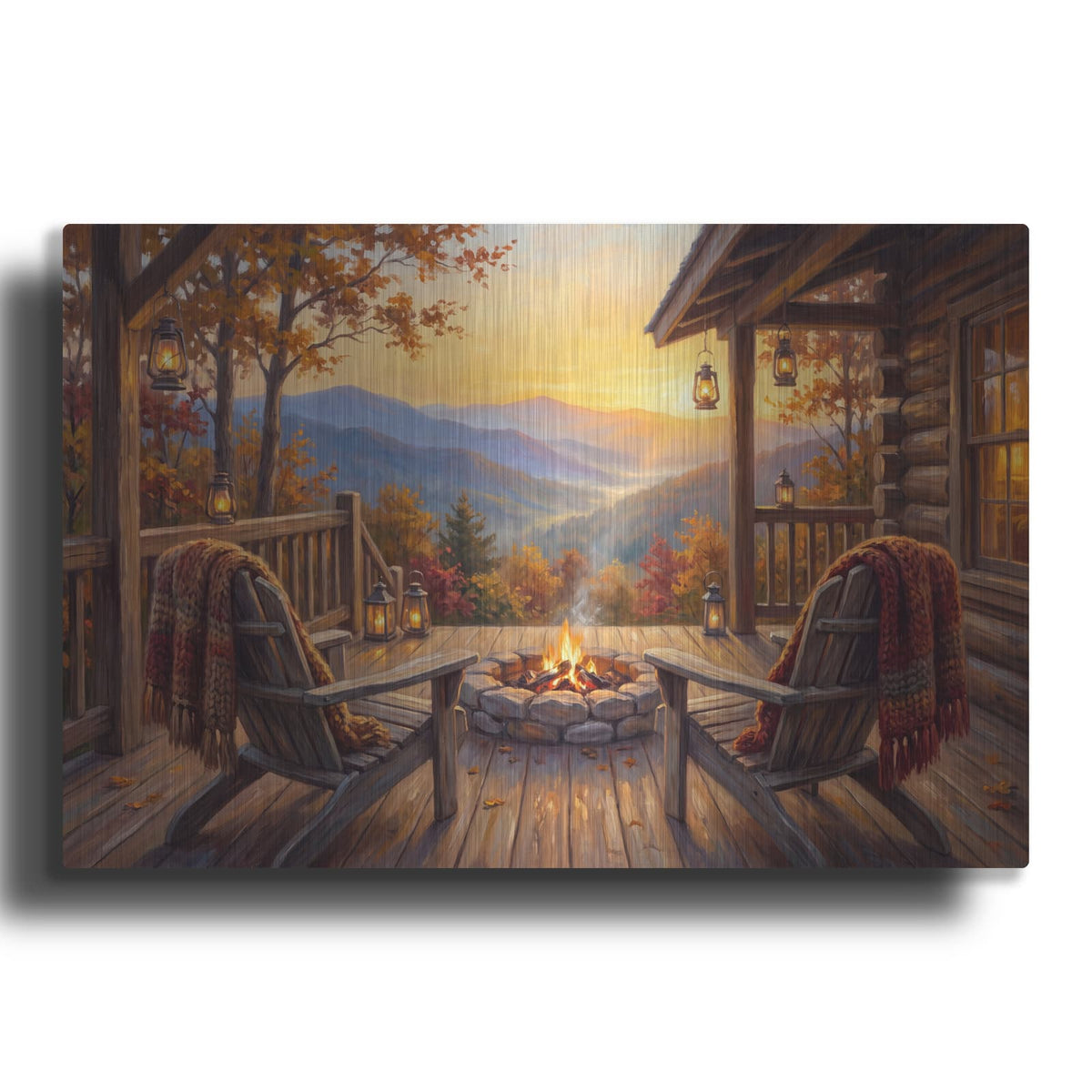 'Golden Sunset Firepit Mountain Valley View' by Veve – Metal Wall Art