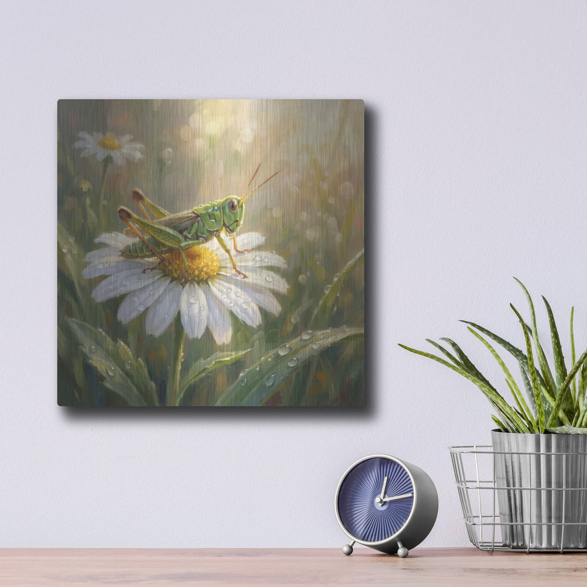 'Grasshopper and Daisy' by Veve – Metal Wall Art, 12x12 room view