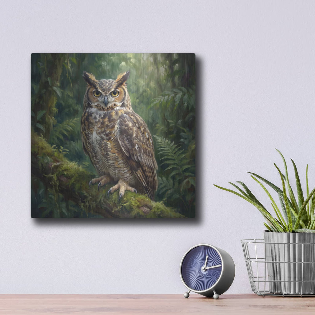'Great Horned Owl in Deep Forest' by Veve – Metal Wall Art, 12x12 room view
