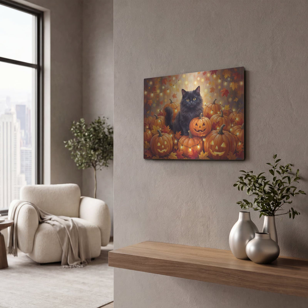 'Halloween Black Cat and Pumpkins' by Veve – Metal Wall Art, 16x12 room view