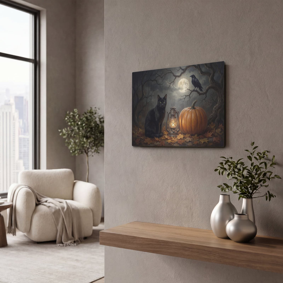 'Halloween Black Cat and Raven' by Veve – Metal Wall Art, 16x12 room view