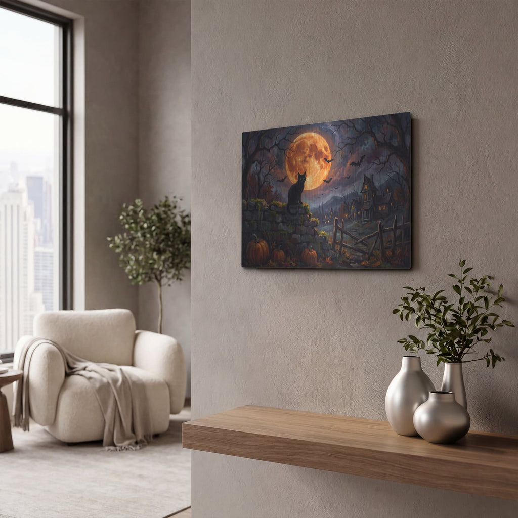 'Halloween Black Cat Full Moon' by Veve – Metal Wall Art, 16x12 room view