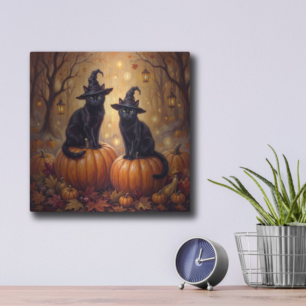 'Halloween Double Trouble Twin Witch Cats' by Veve – Metal Wall Art, 12x12 room view