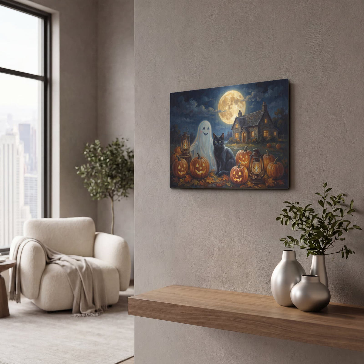 'Halloween Ghost and Black Cat' by Veve – Metal Wall Art, 16x12 room view