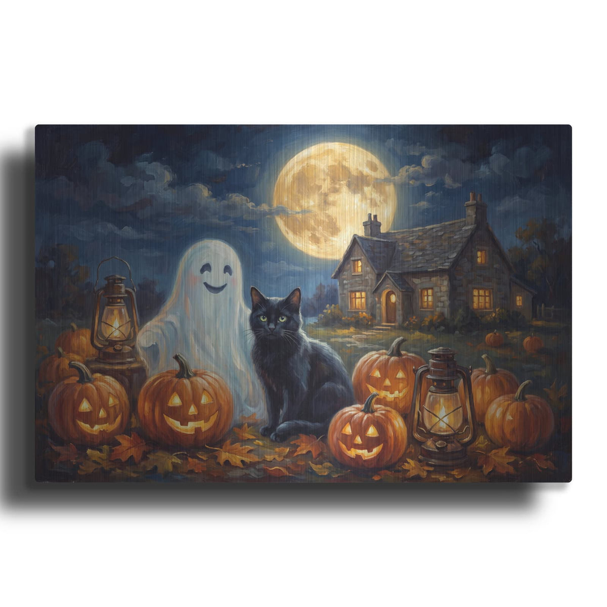 'Halloween Ghost and Black Cat' by Veve – Metal Wall Art