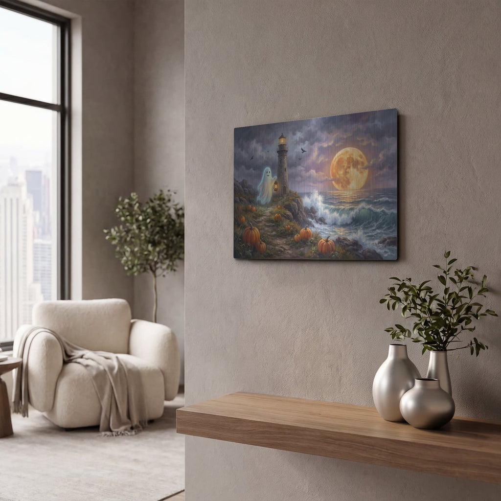 'Halloween Ghost Lighthouse' by Veve – Metal Wall Art, 16x12 room view