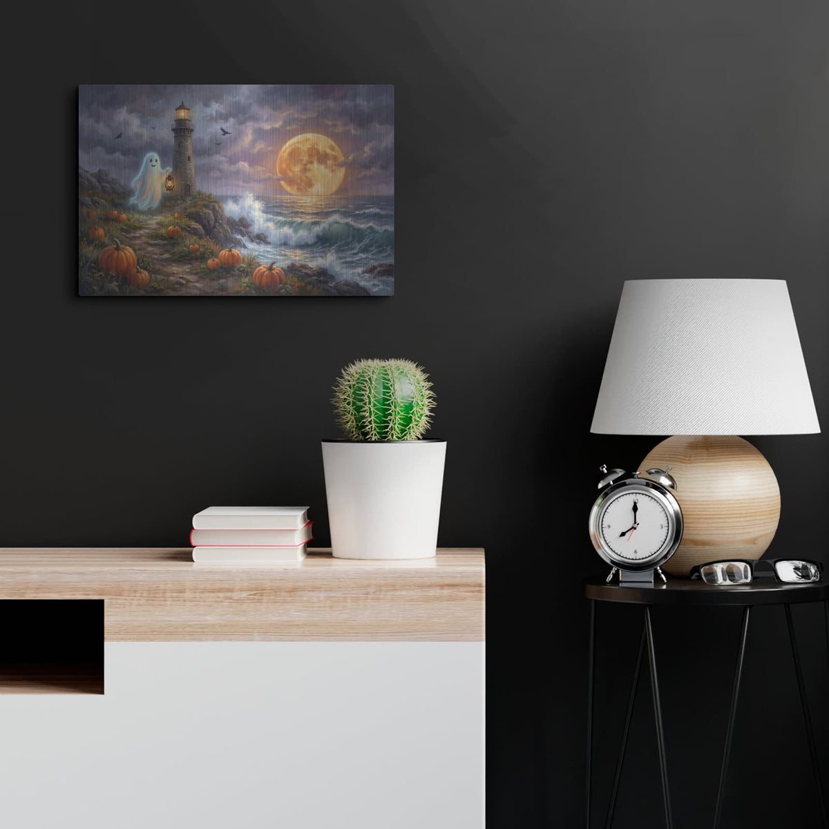 'Halloween Ghost Lighthouse' by Veve – Metal Wall Art, 24x16 room view