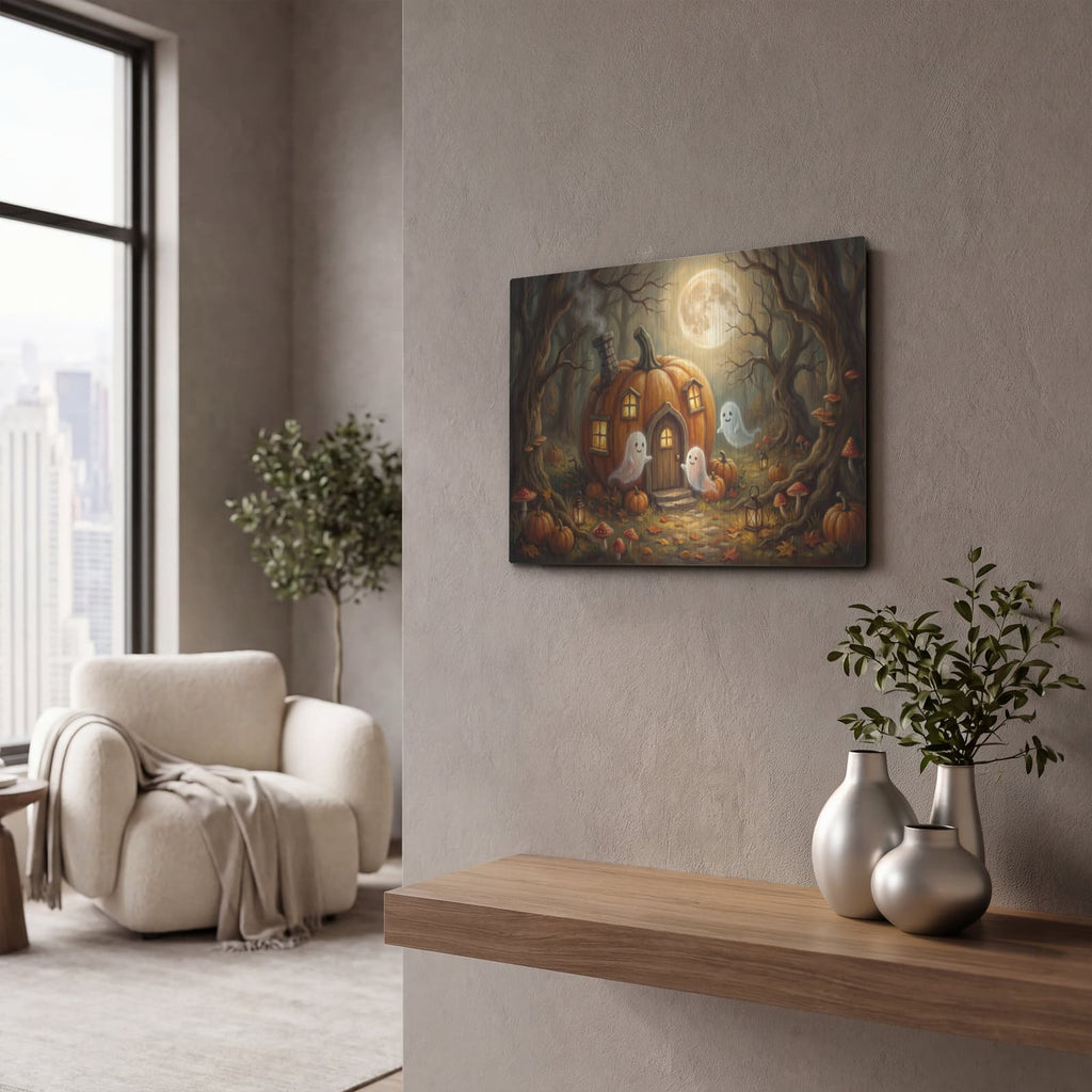 'Halloween Ghost Pumpkin House' by Veve – Metal Wall Art, 16x12 room view