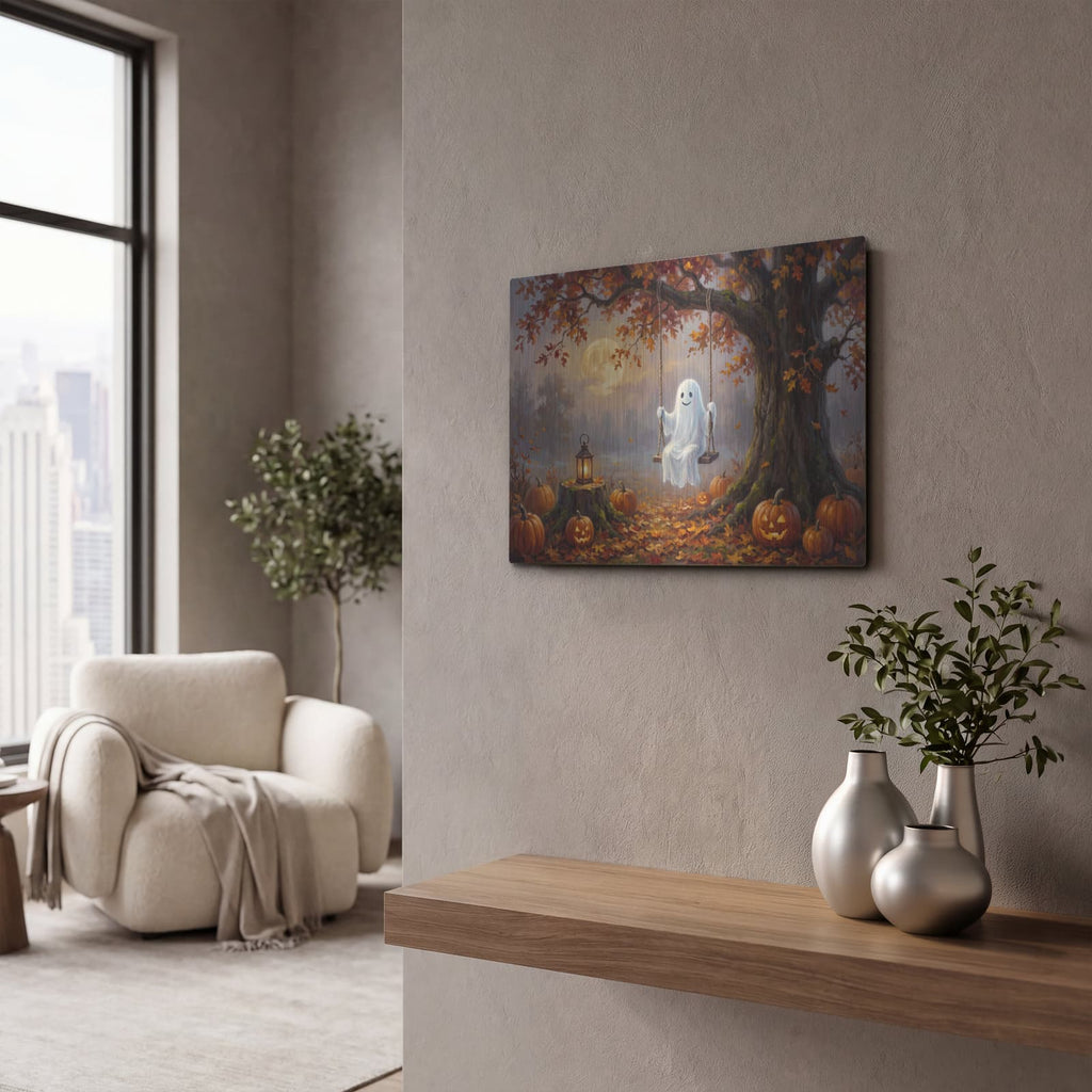 'Halloween Ghost Swing' by Veve – Metal Wall Art, 16x12 room view