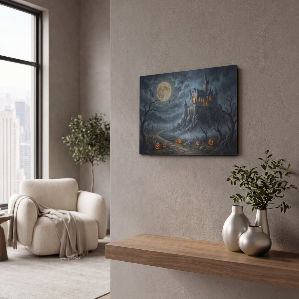 'Halloween Moonlit Castle' by Veve – Metal Wall Art, 16x12 room view
