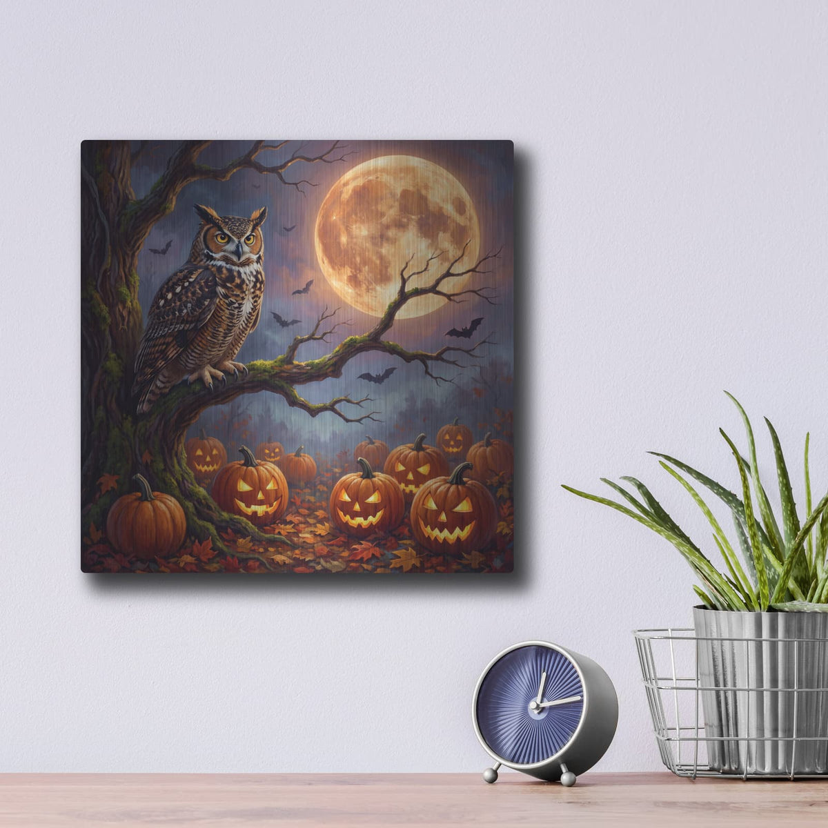 'Halloween Owl Moon' by Veve – Metal Wall Art, 12x12 room view