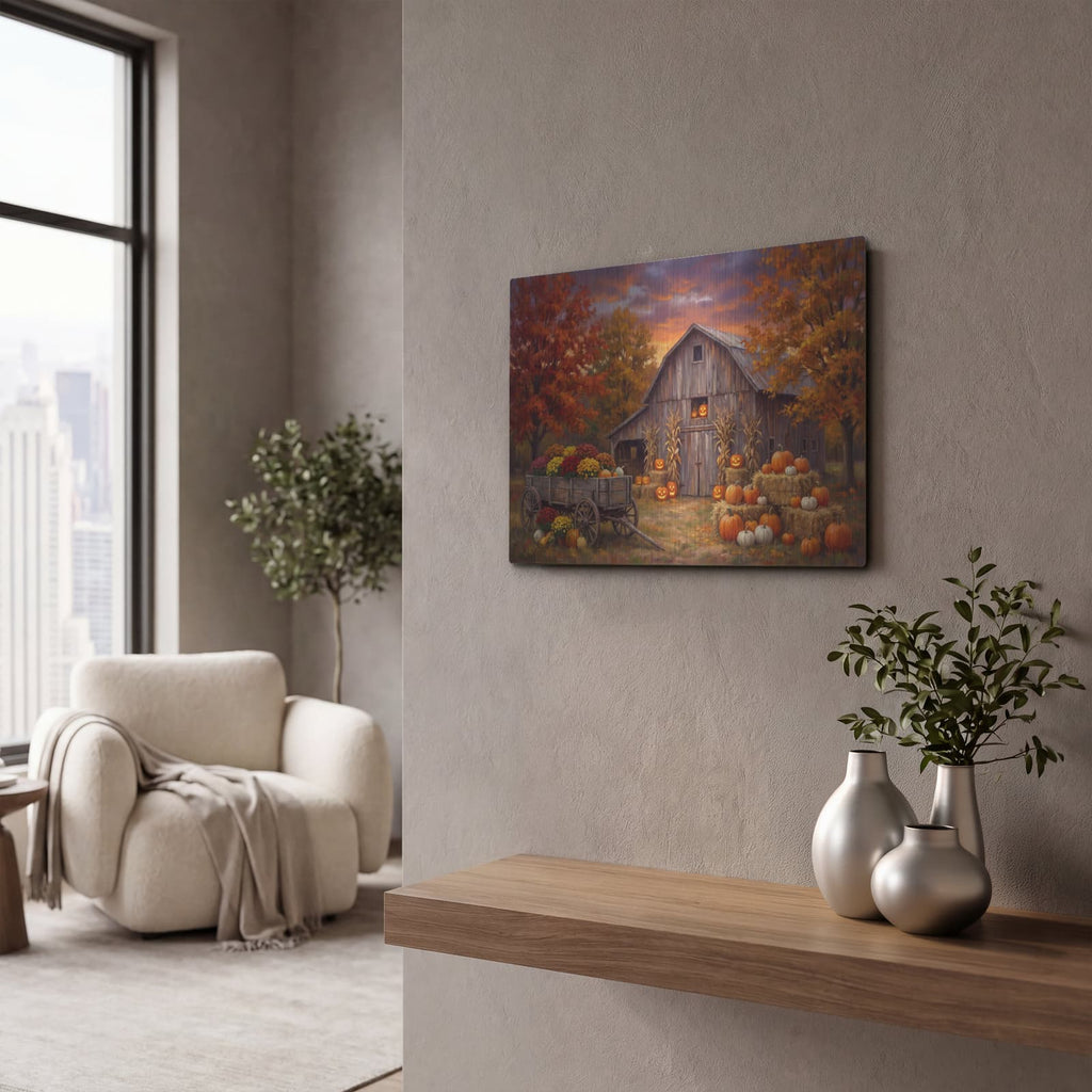 'Halloween Pumpkin Barn' by Veve – Metal Wall Art, 16x12 room view