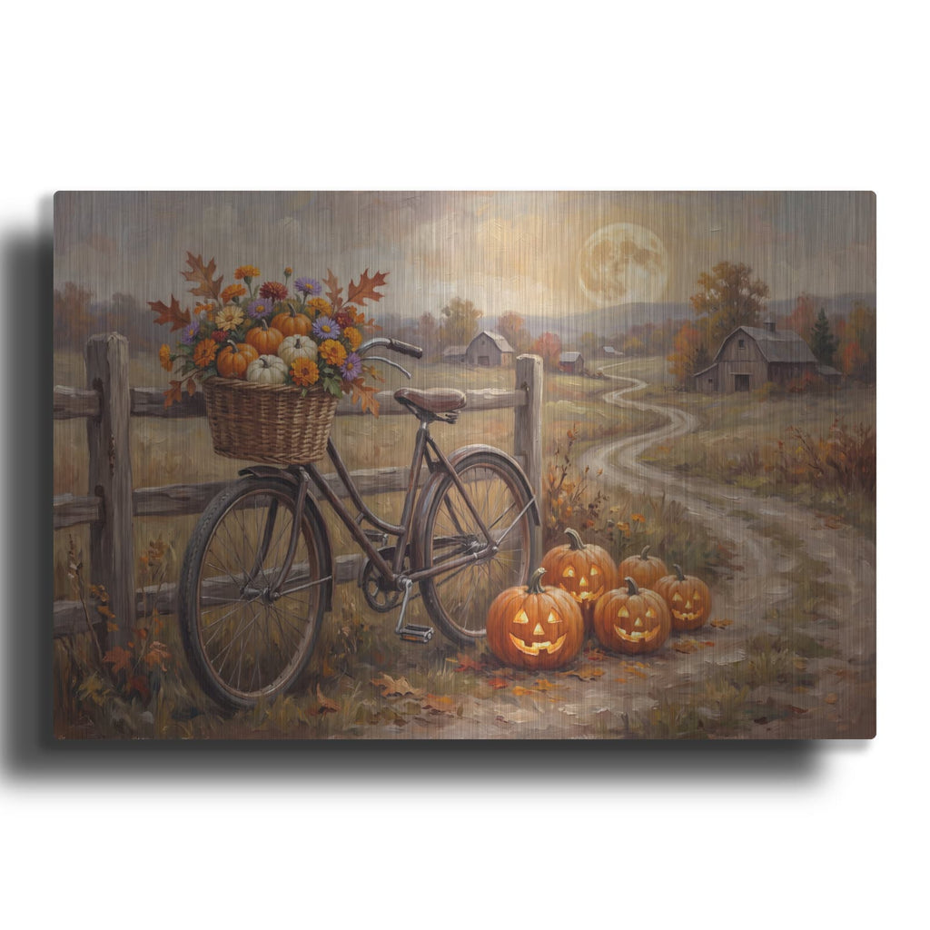 'Halloween Pumpkin Bicycle' by Veve – Metal Wall Art